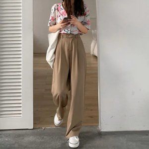 Khaki High-Waist Wide-Leg Dress Pants